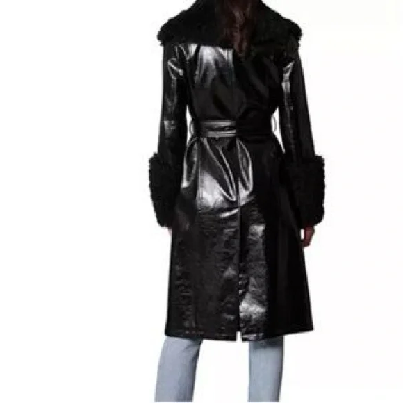 7 FOR ALL MANKIND vegan leather Patent Faux Fur Trimmed Trench Coat size M - Picture 9 of 11